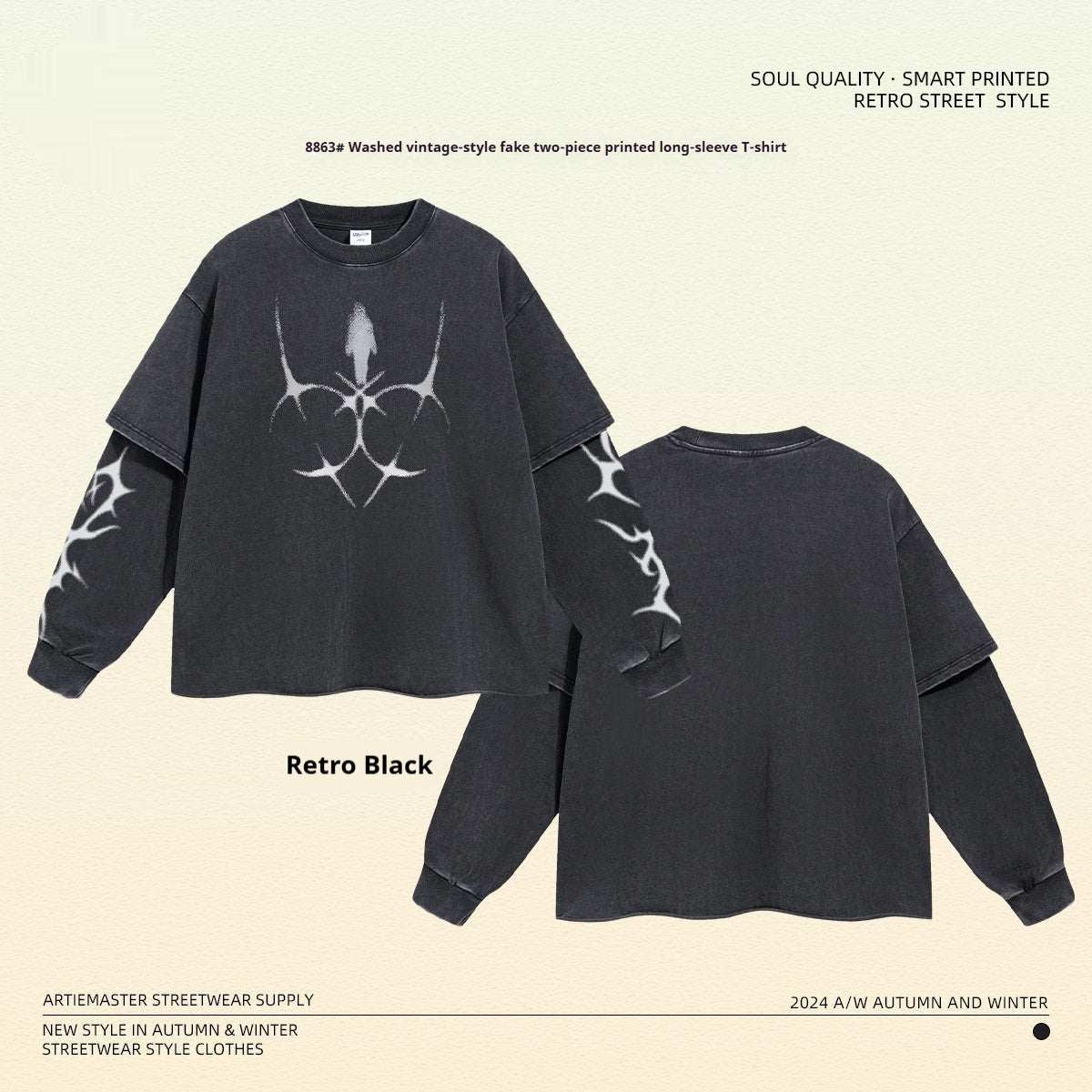 Printed Crew-neck American-style Trendy Brand Vintage Washed Faux Two-piece Loose-fit Men's Long T-shirt