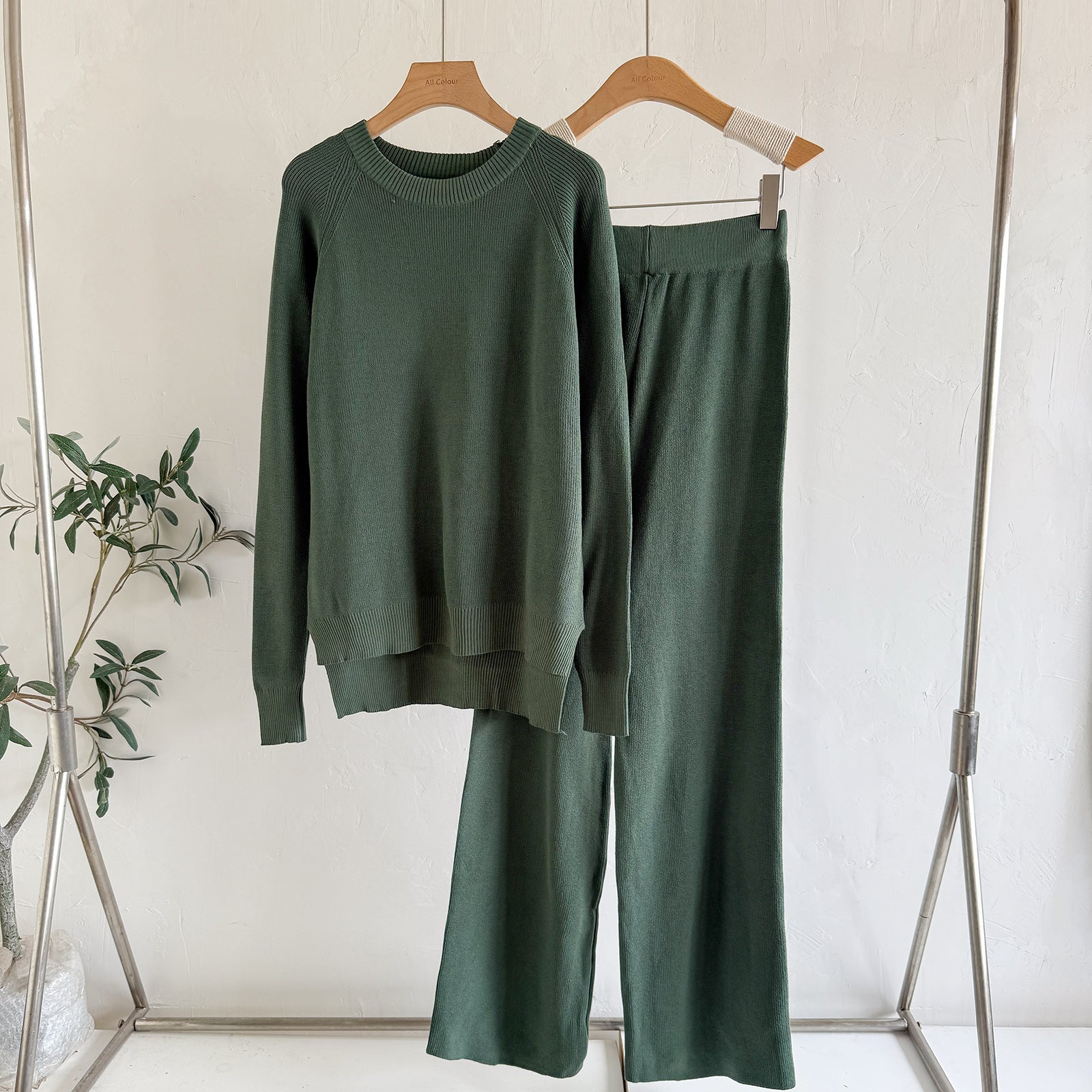 Women's Loose Knitted Long-Sleeve Crew-Neck Fashionable Wide-Leg Pants Two-Piece Set