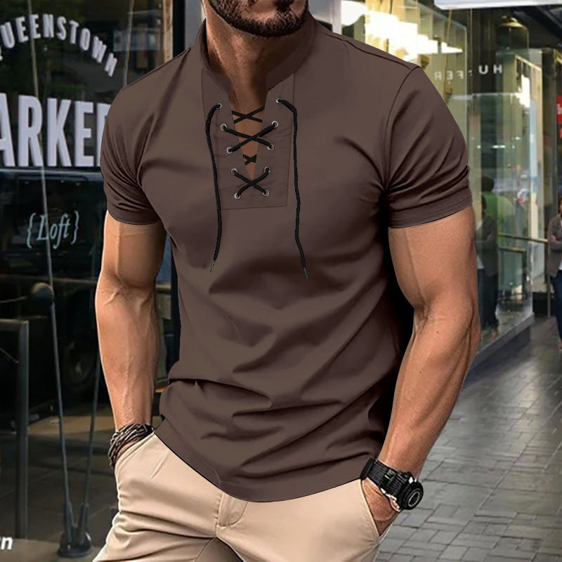 Men's Thin V-neck V-tie Casual Sporty Short Sleeve