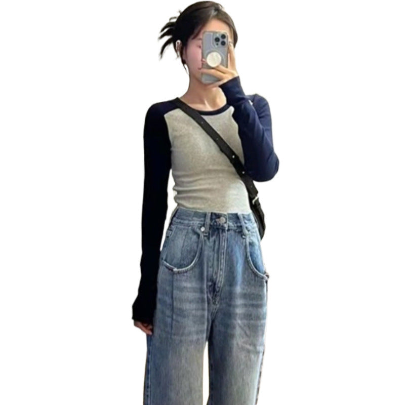 American-style Vintage Long-sleeve Knit Contrast-color Crewneck Slim-fit Patchwork Top