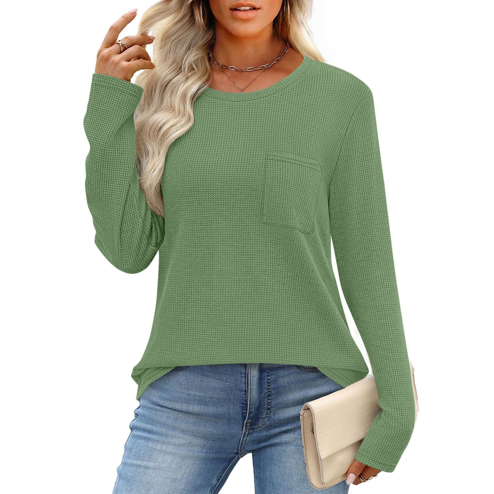 Women's Long-Sleeved Waffle Knit Top T-Shirt