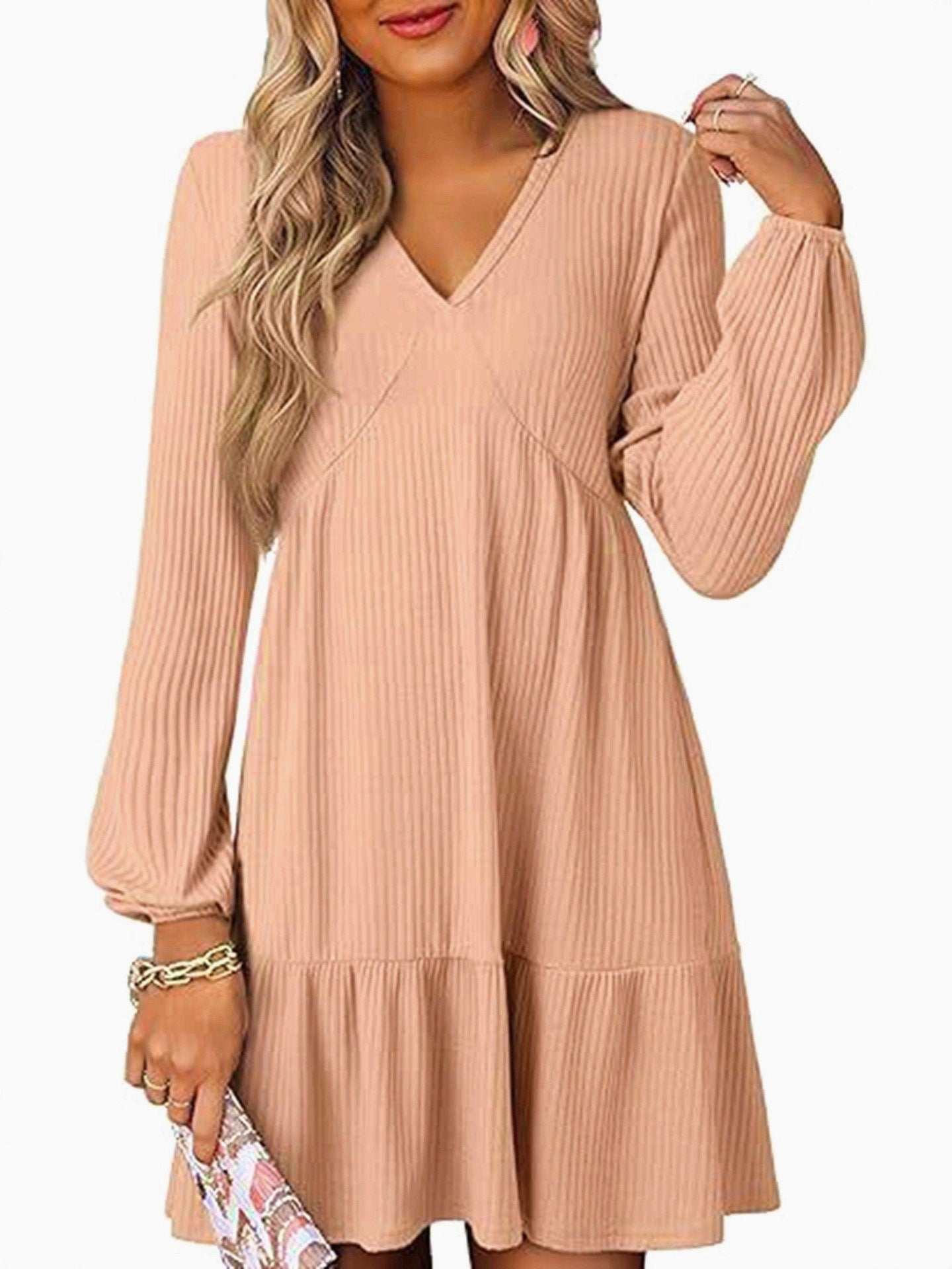 Cinched Waist V-Neck Casual Loose-Fit Straight-Shape Long-Sleeve Dress