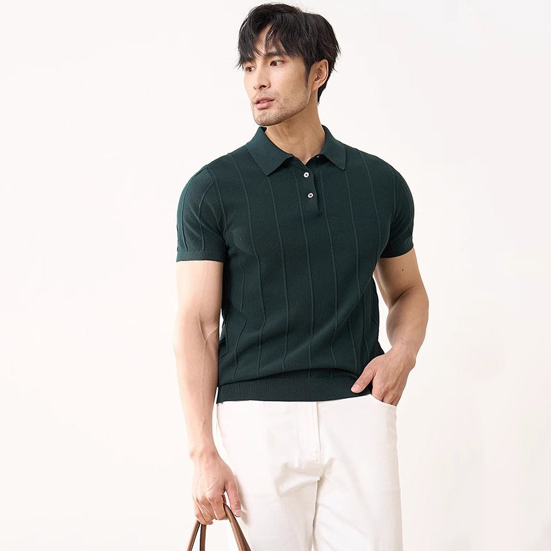Summer New Short Sleeve Knitted Shirt Men Lapel Business Slim Vertical Stripe