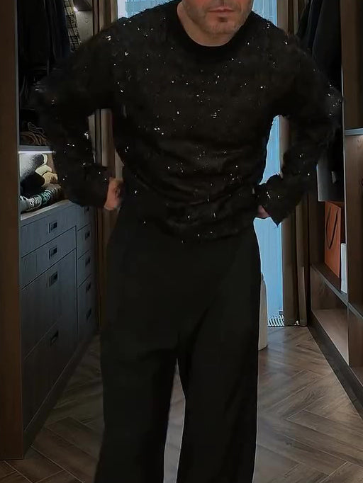 Men's Mesh See-through Sequined Long-sleeved Top