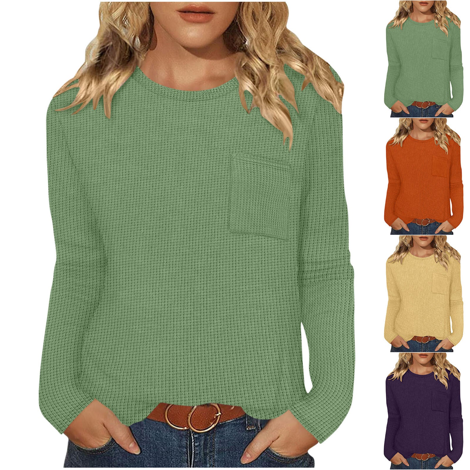 Women's Long-Sleeved Waffle Knit Top T-Shirt