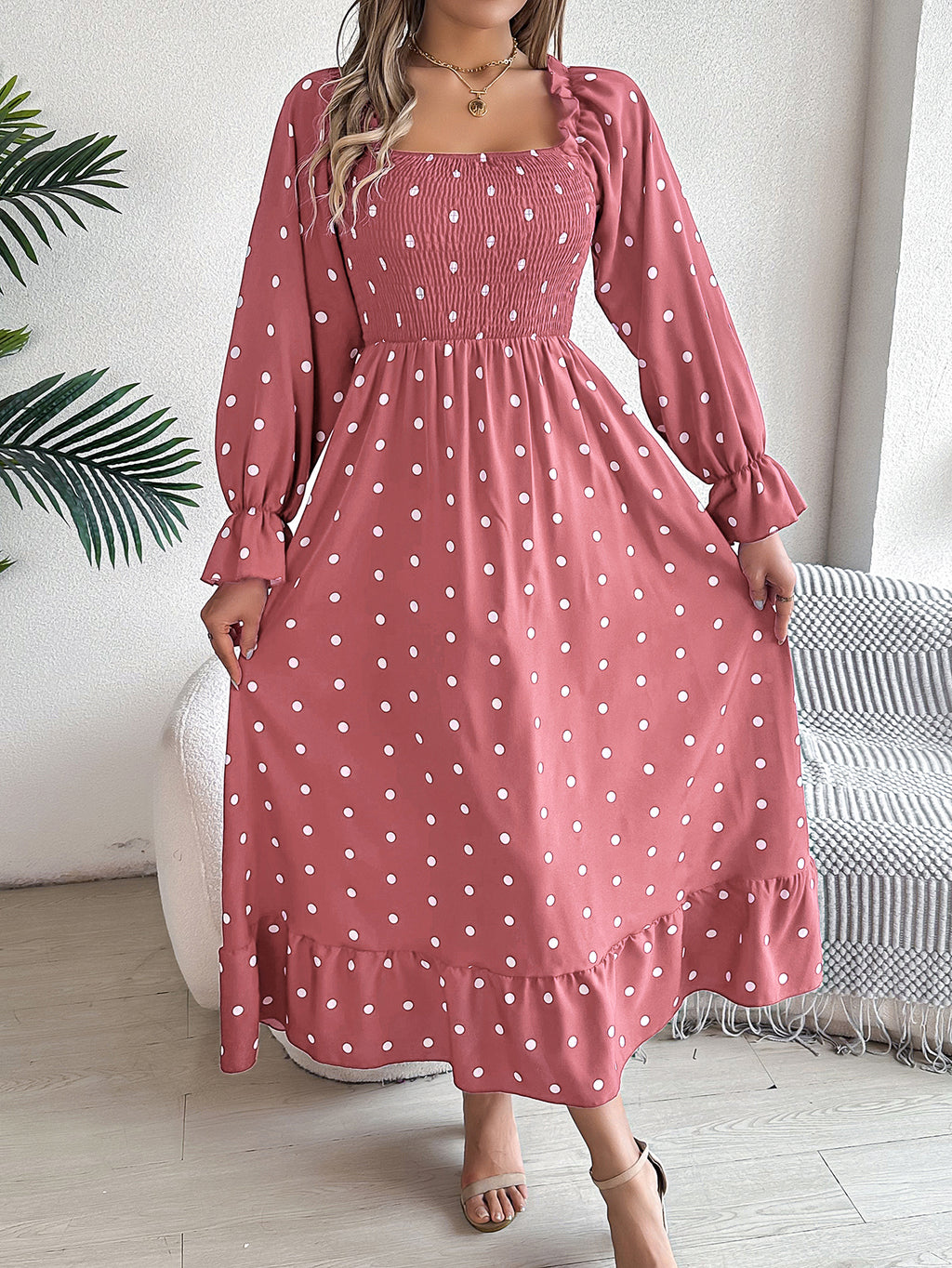 Women's Scalloped Hem Square Neck Polka Dot Flared Maxi Dress