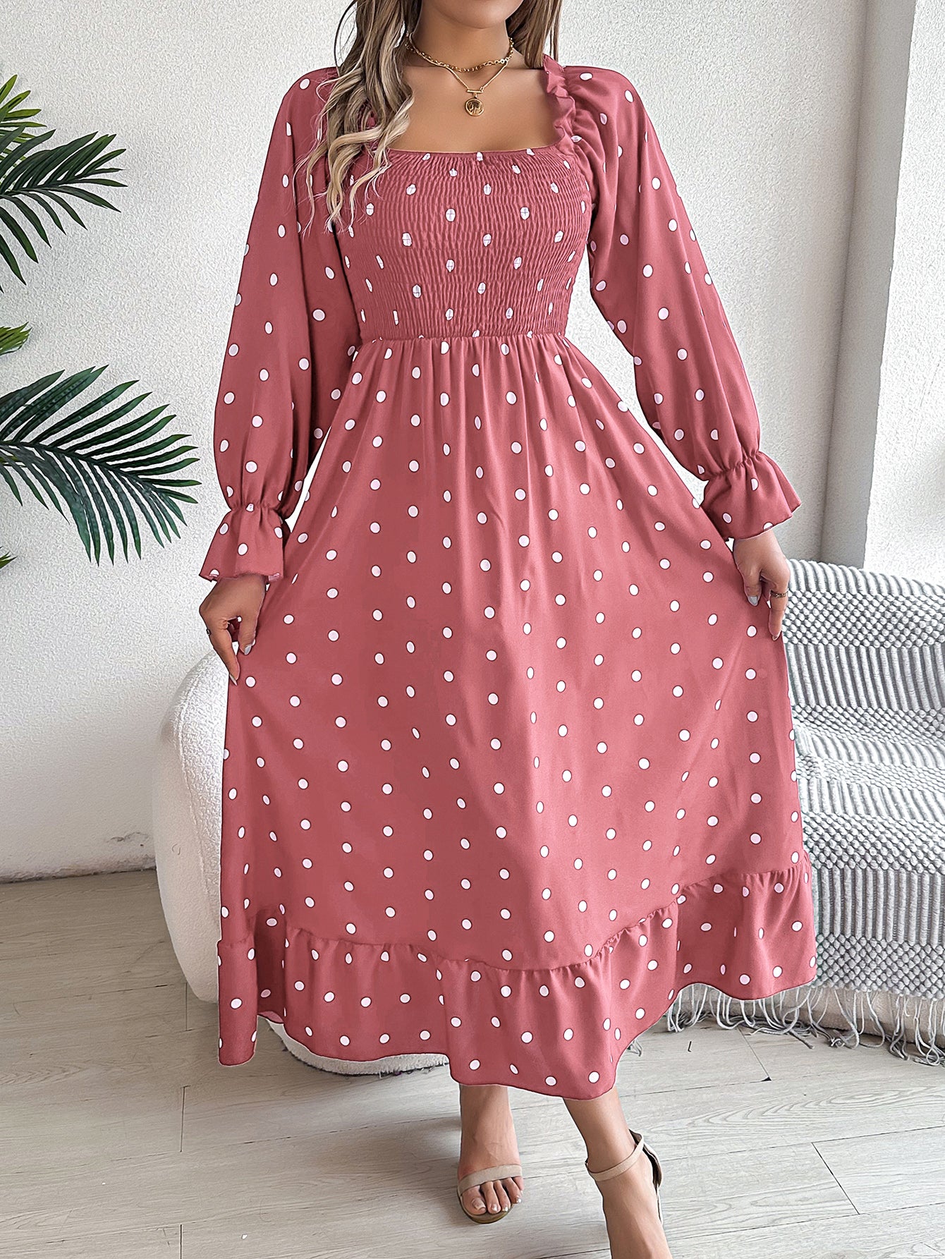 Women's Scalloped Hem Square Neck Polka Dot Flared Maxi Dress