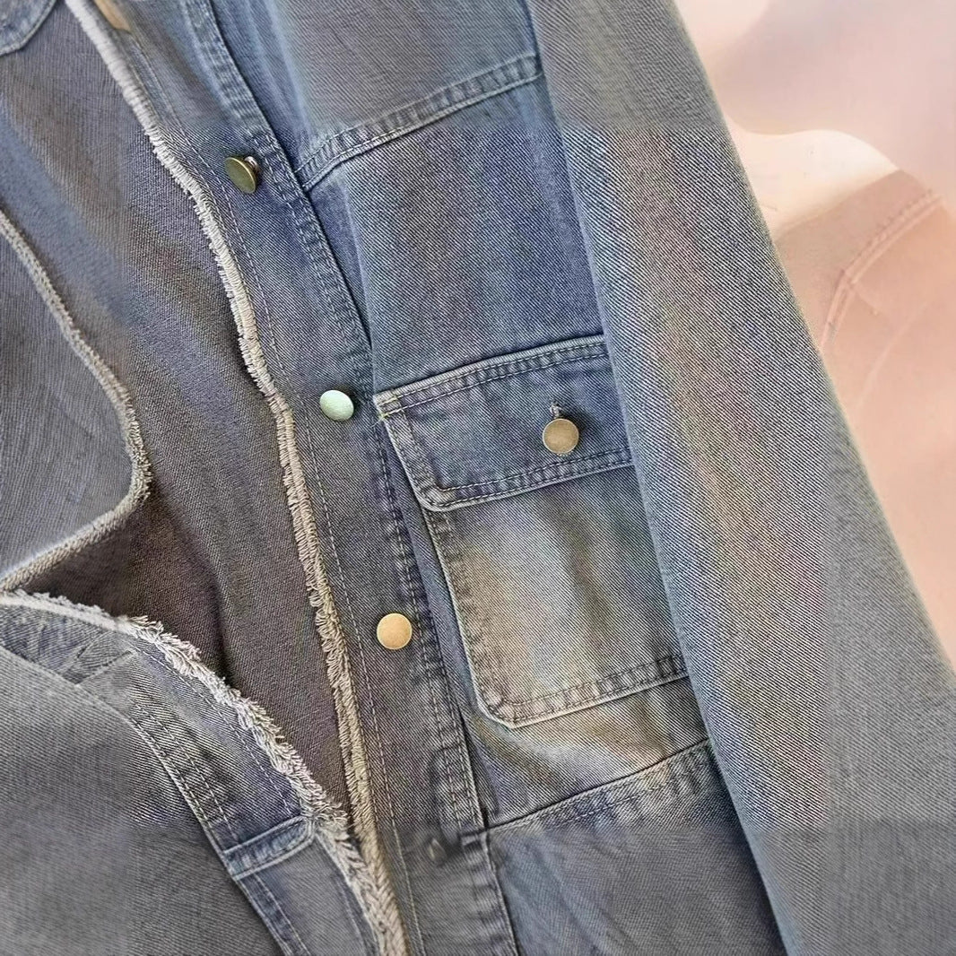 Vintage Washed And Raw-Edged Denim Jacket For Women