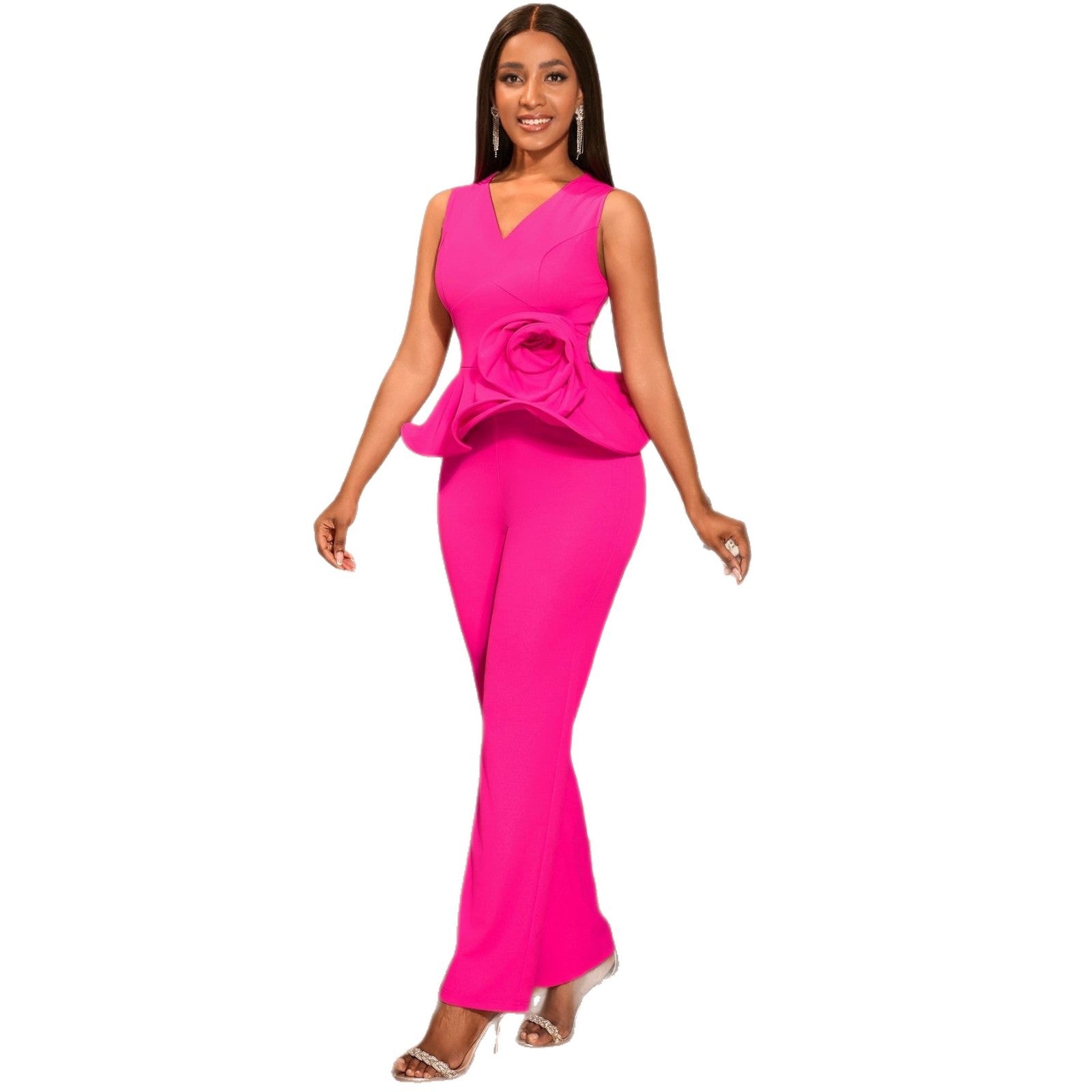 Three-dimensional Flower V-neck Sleeveless Top High Waist Fashion Straight-leg Pants