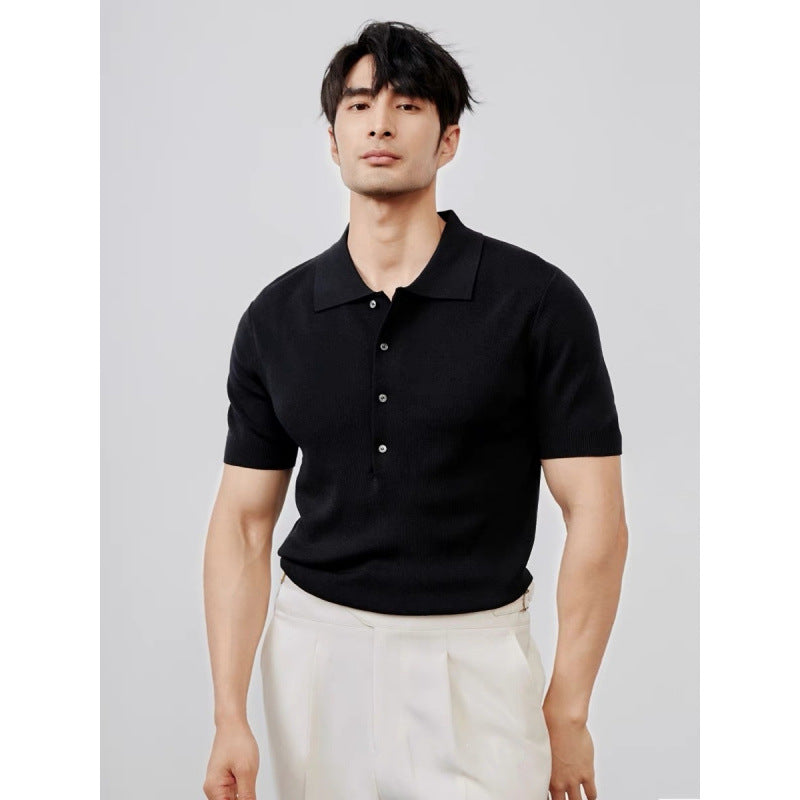 Light Luxury Solid Color Lapel Knitted Ice Silk Simple Short Sleeve