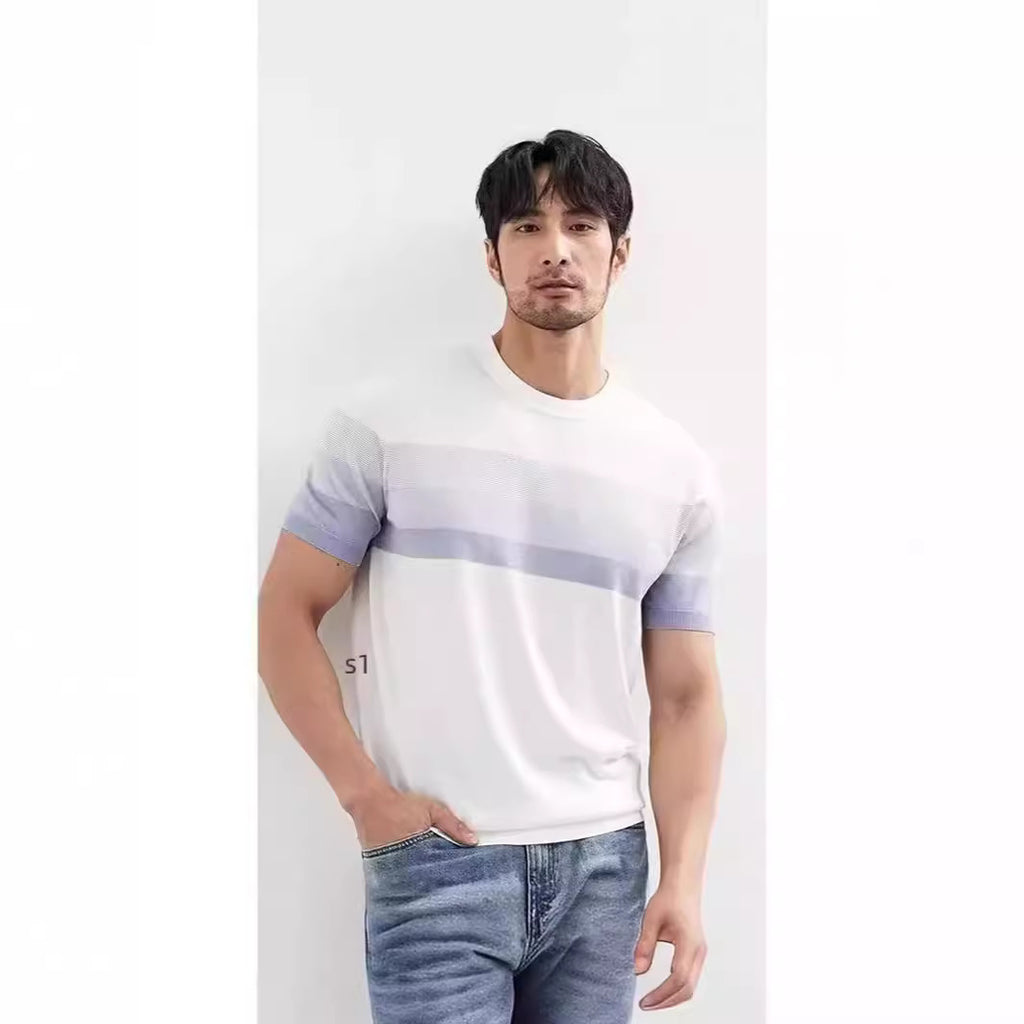 Summer New Light Mature Short Sleeve Knitted Sweater Men Gradient Color Block Stripe