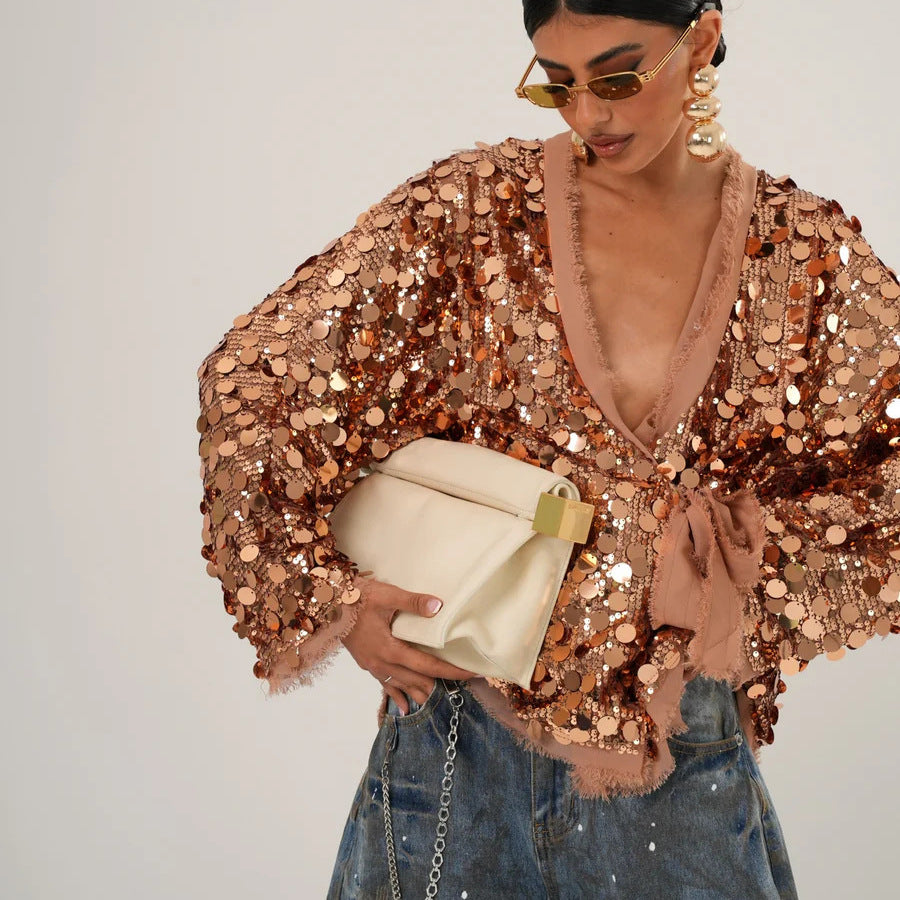 Fashionable Beaded Patchwork Solid Color Jacket For Women