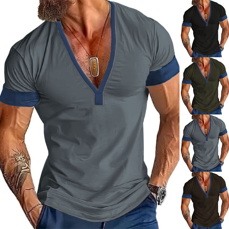 Short Sleeve Casual Men's V-Neck Large Size Striped T-Shirt Top
