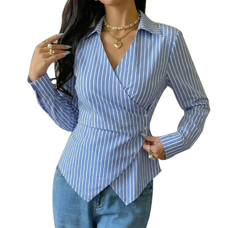 New European And American-style Long-sleeve Shirt Cardigan With An Asymmetrical Design