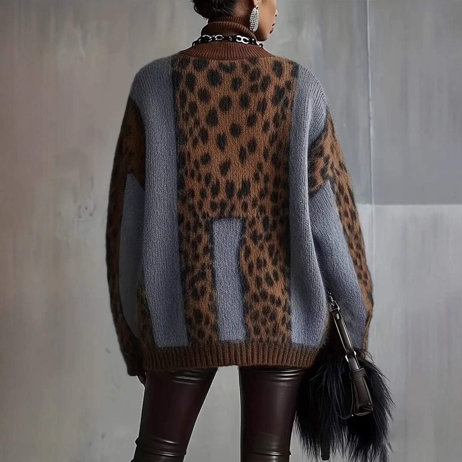 Leopard Print Loose Fit Vintage Patchwork Knit Sweater