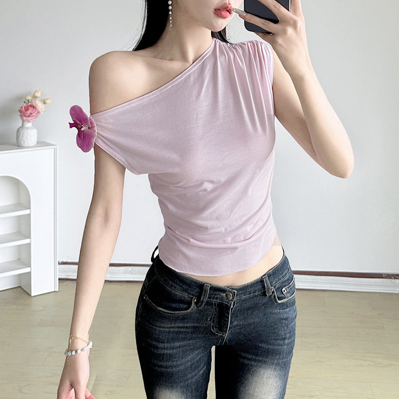 Girly, Sexy, Off-the-Shoulder Pleated 3D Floral Short-Sleeve Cropped T-Shirt