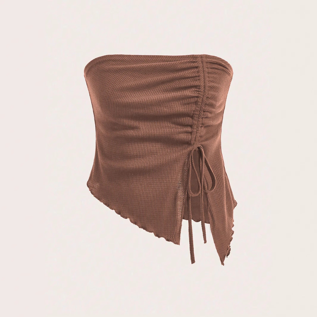 Women's Summer New Arrival Drawstring Slit Asymmetrical Waffle-Texture Slim-fit Tube Top Bustier