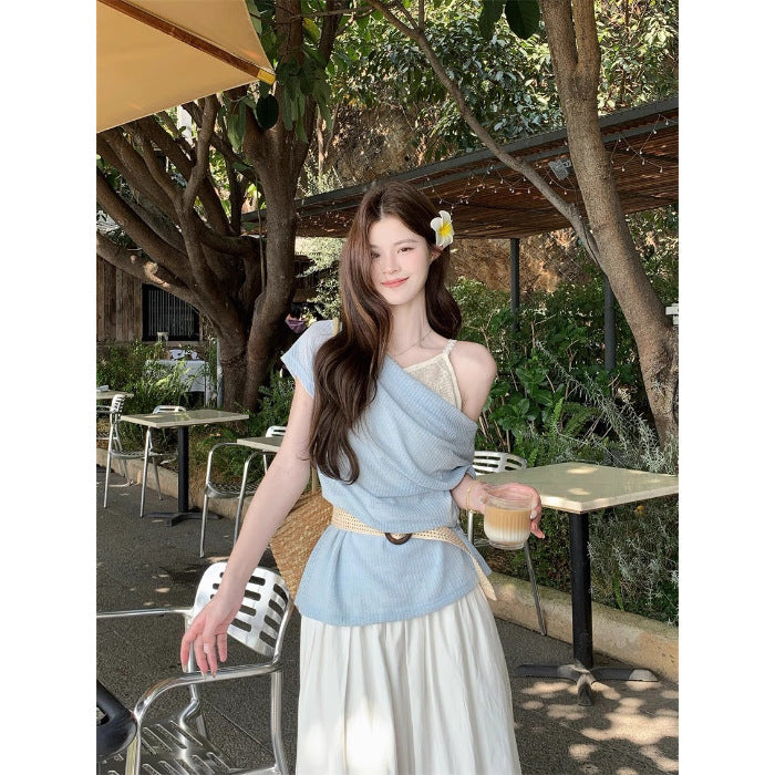 Women's Layered Outerwear Boat-neck Short-sleeve Knit Top