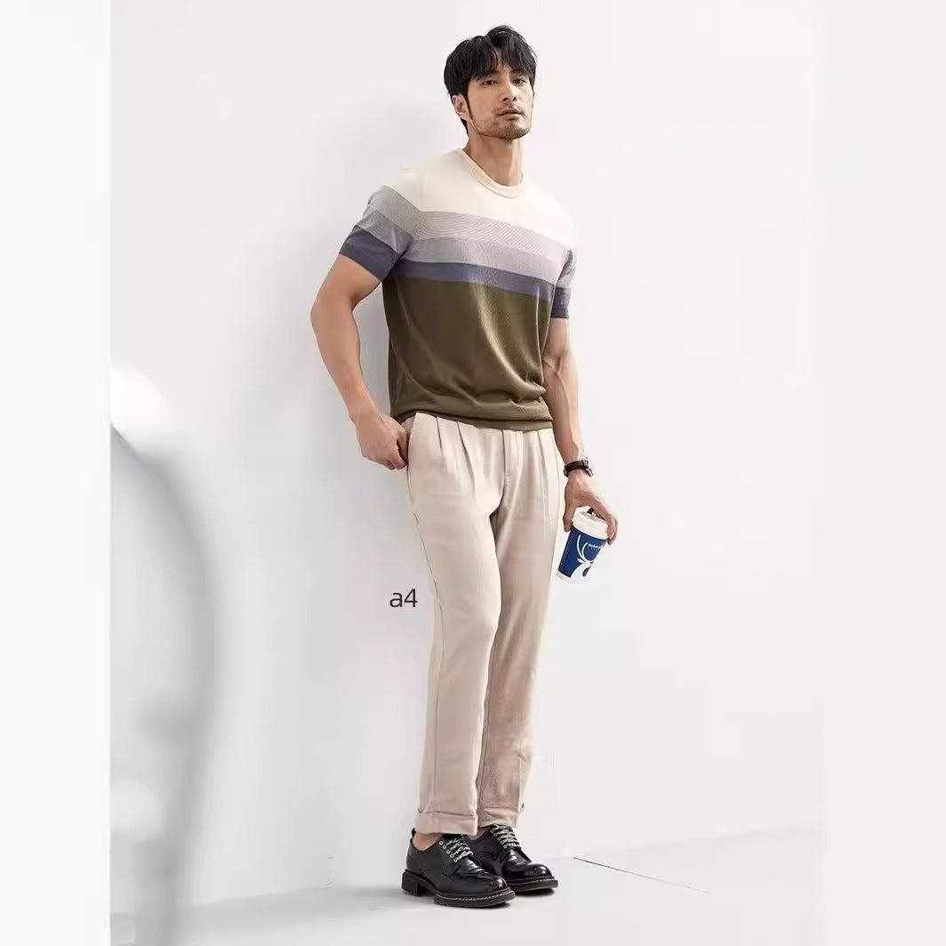 Summer New Light Mature Short Sleeve Knitted Sweater Men Gradient Color Block Stripe