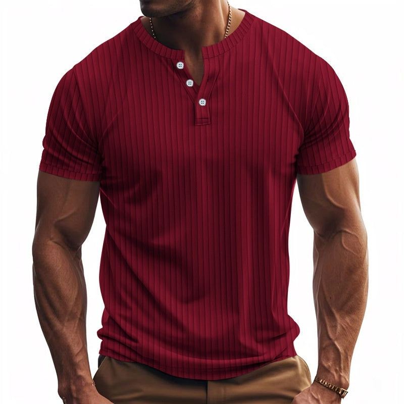Men's Casual Sports Jacquard Ribbed Quick-dry Breathable Henley Short Sleeve