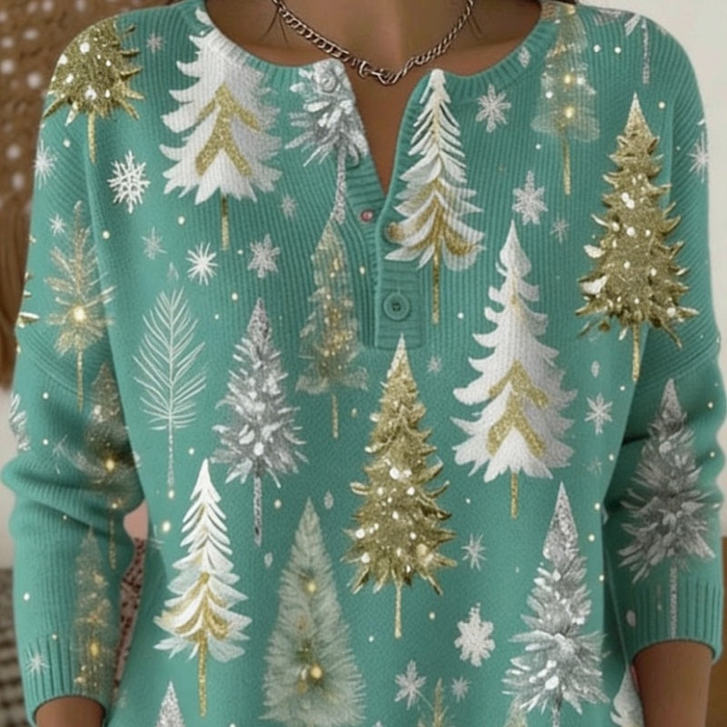 New Retro 3D Digital-Print Polo Sweater With Three Buttons And A Crew Neck