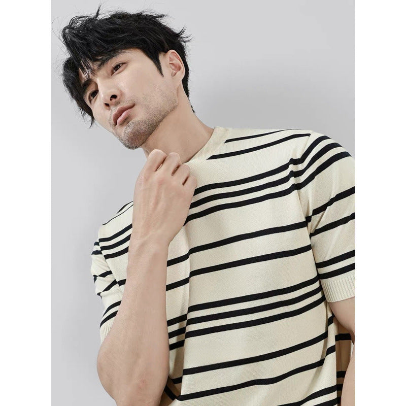 Knitted Ice Silk T-shirt Men's Short Sleeve Black And White Stripes