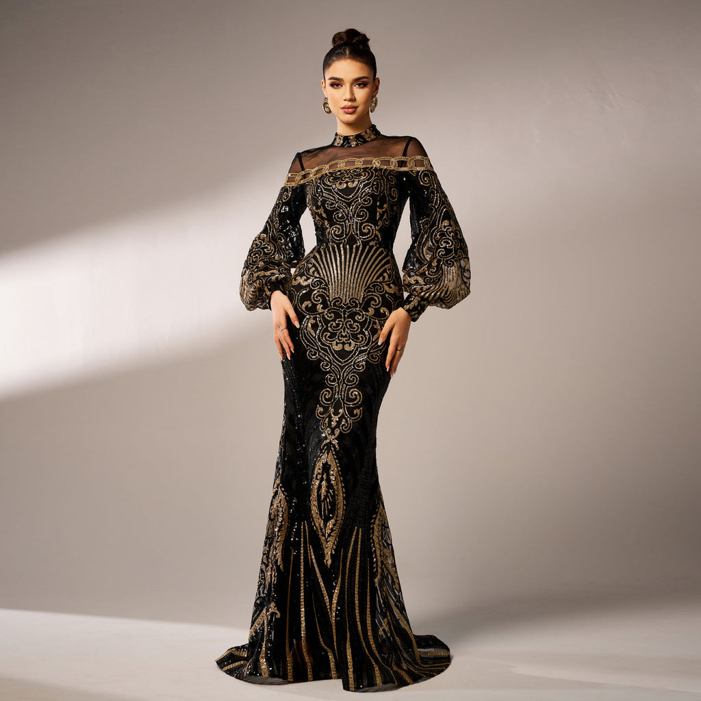 Long Sleeve Round Neck Sequins Mesh Fishtail Evening Dress