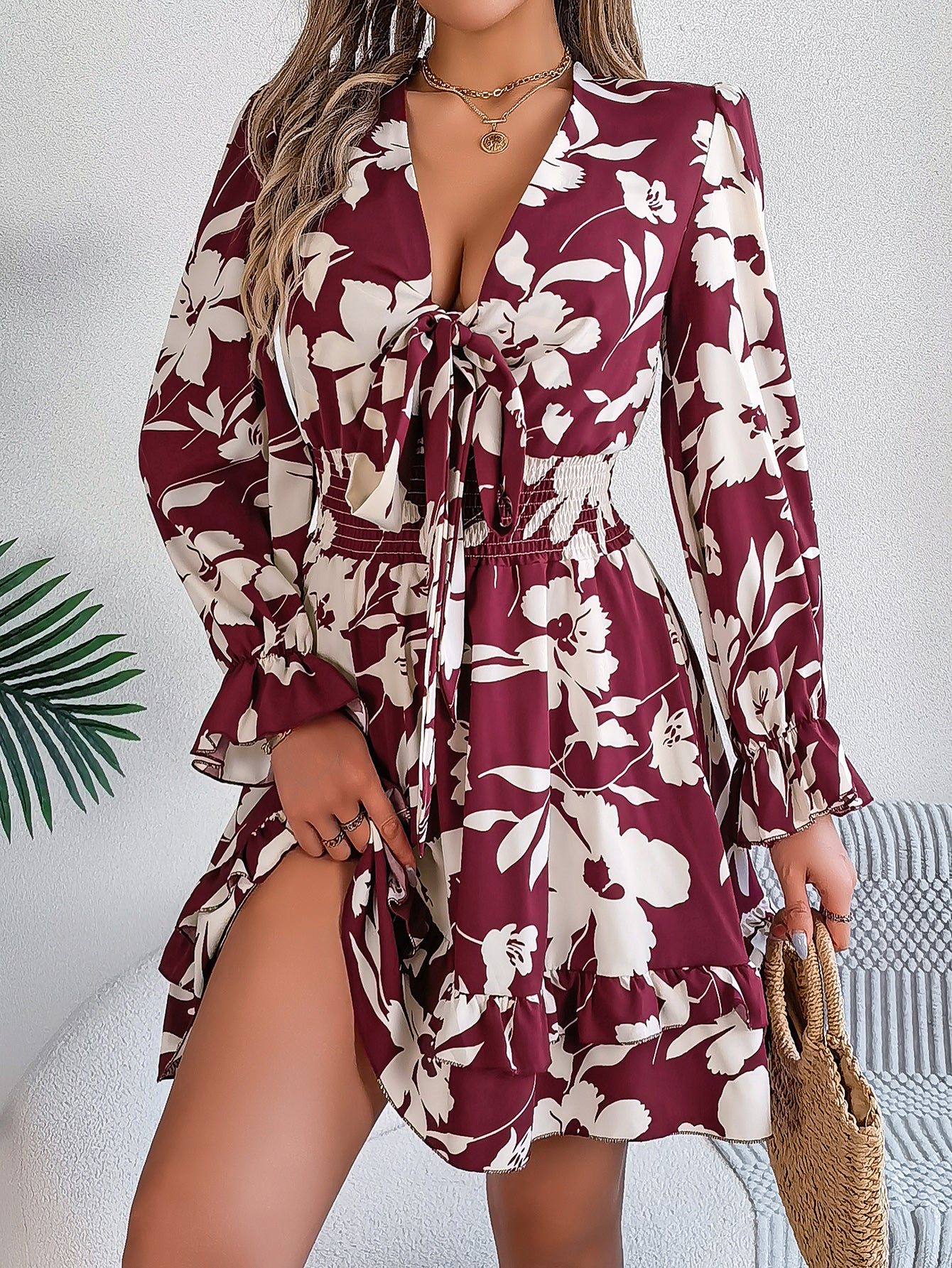 Women's Floral Long Sleeve Scalloped Hem A-Line Dress