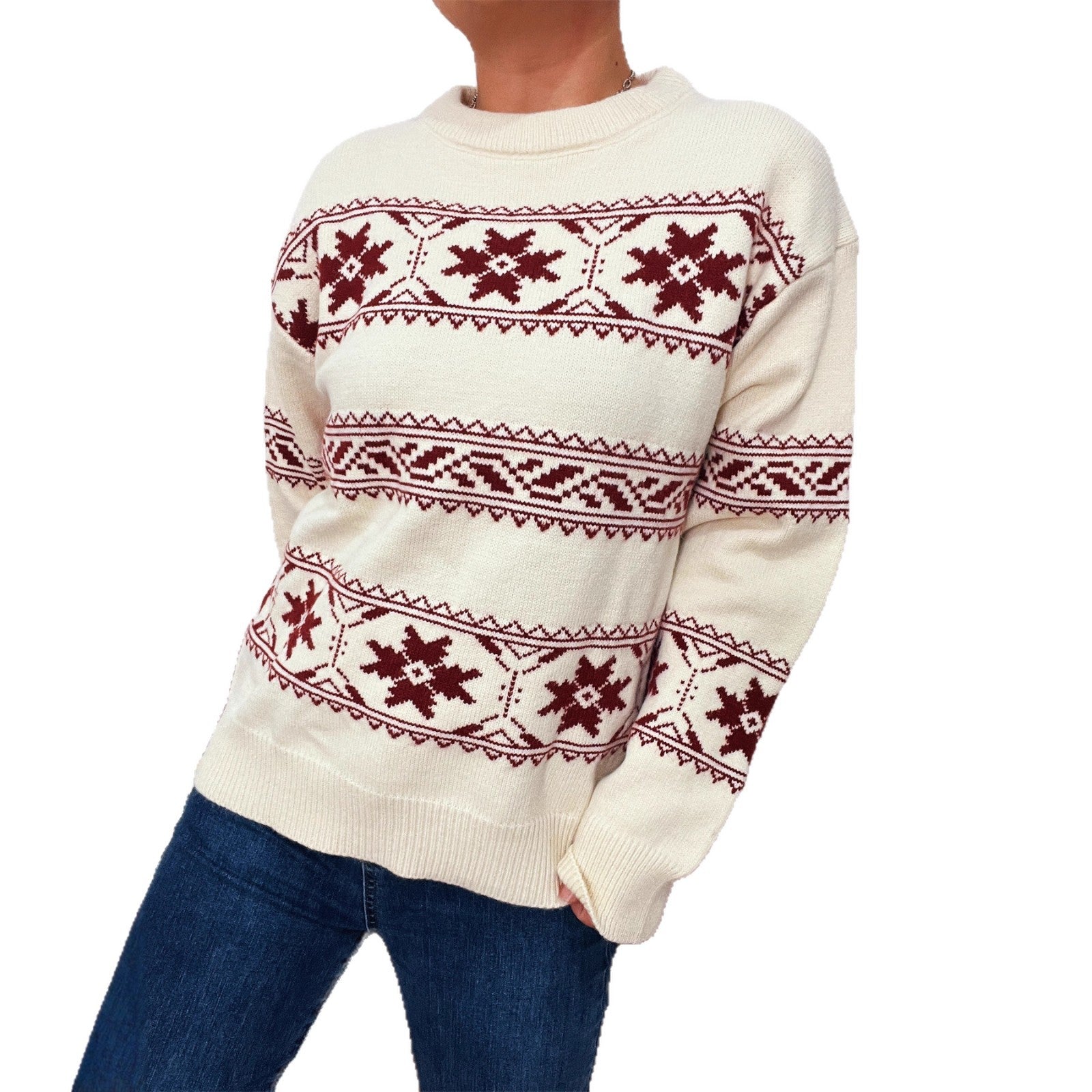Holiday Christmas Sweater With Snowflake Jacquard Contrasting Colors And Crew Neck