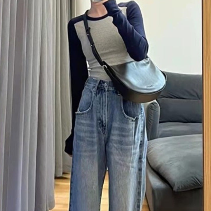 American-style Vintage Long-sleeve Knit Contrast-color Crewneck Slim-fit Patchwork Top