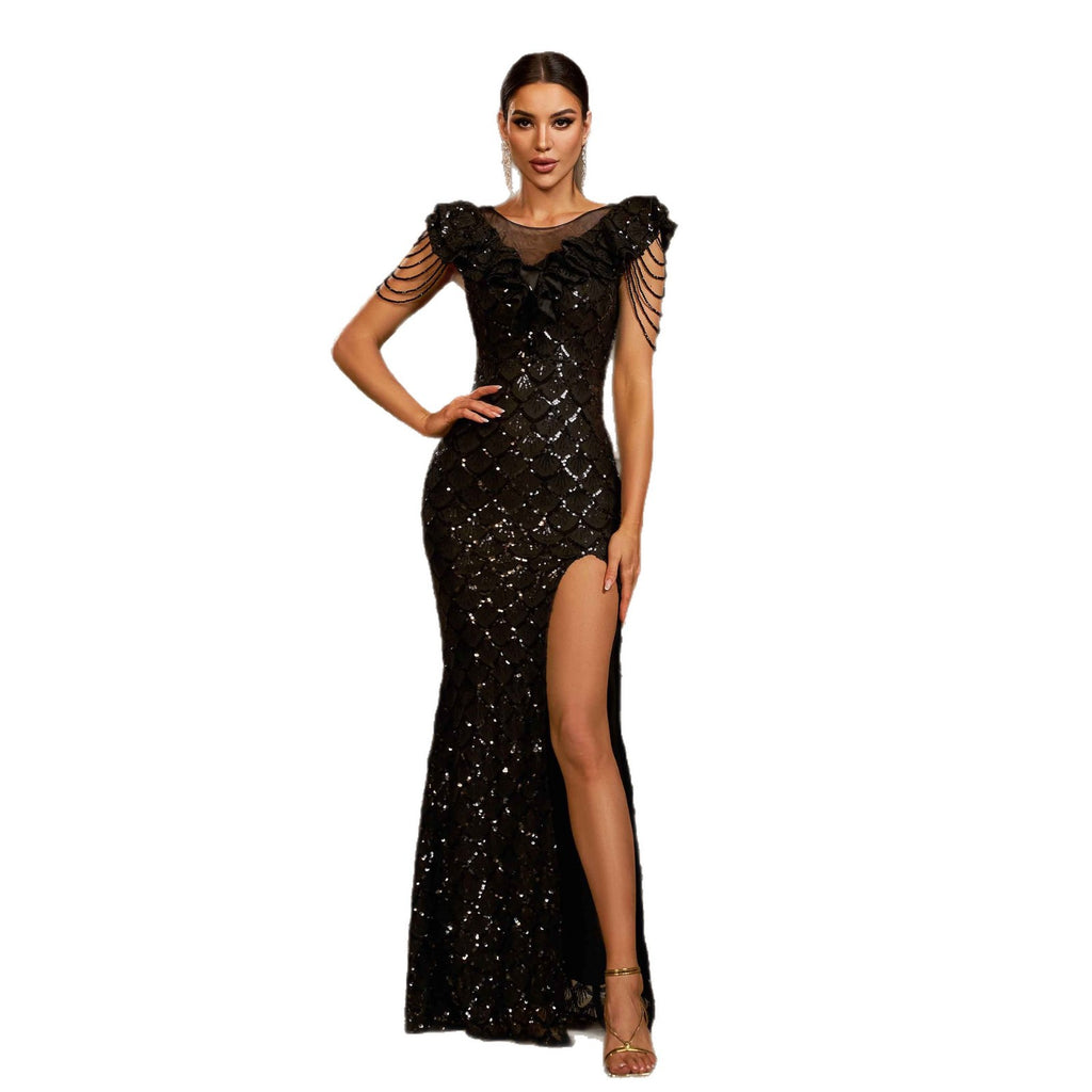 Elegant Round Neck Sequins Slim-fit Sheath Slit Evening Dress