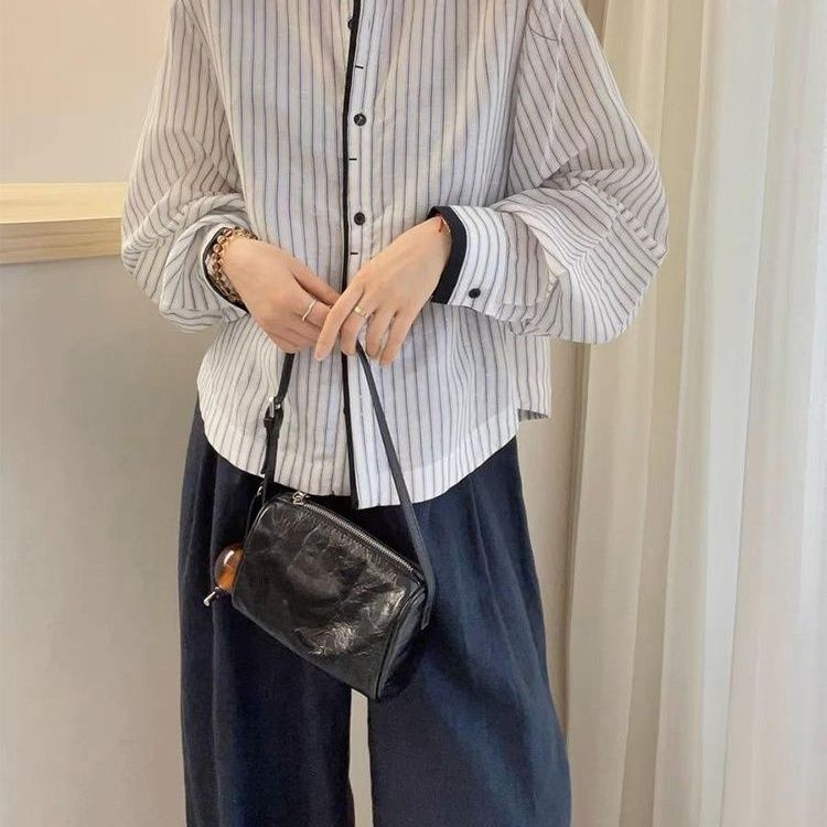 Lanternsleeve Verticalstriped Casual Blouse Women's Stylish Top