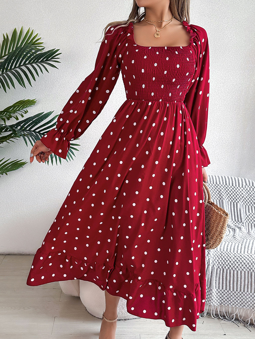 Women's Scalloped Hem Square Neck Polka Dot Flared Maxi Dress