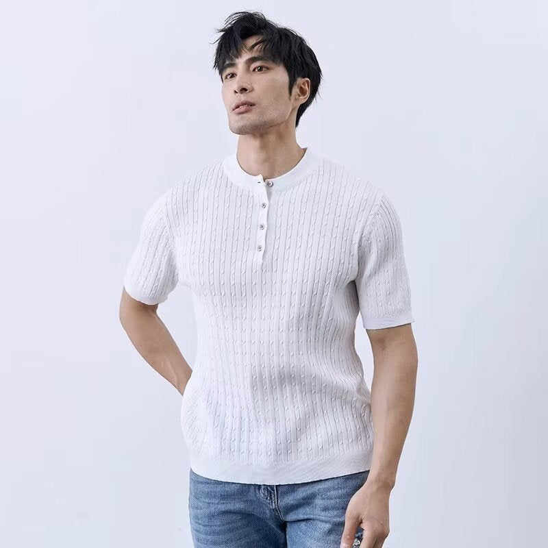 Simple And Slim-fit Round-neck High-end Casual Knit Short-sleeve Shirt For Men