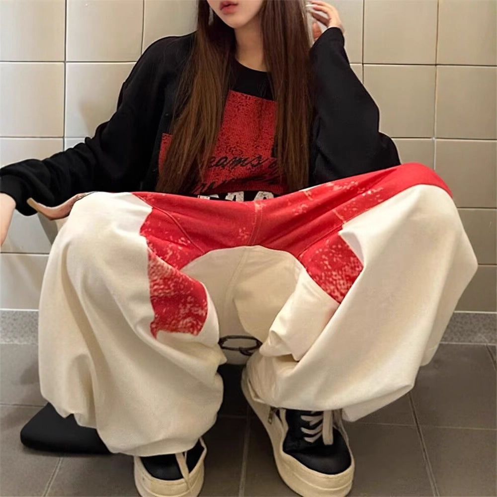 American Retro Heavy-duty Design Graffiti Print Wide-leg Pants