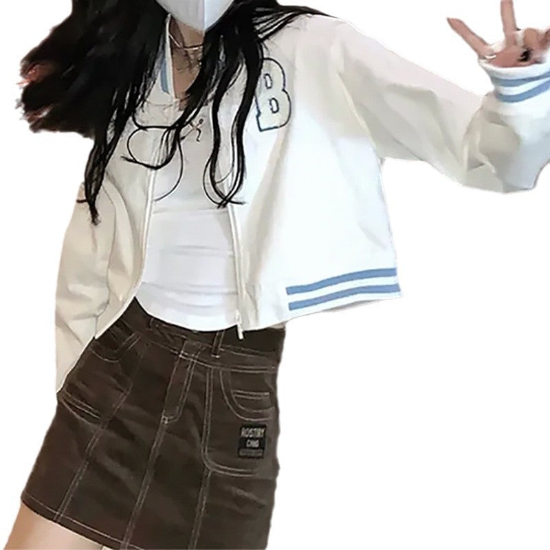 Collegiate-style Loose-fitting Cropped Baseball Jacket With Embroidery