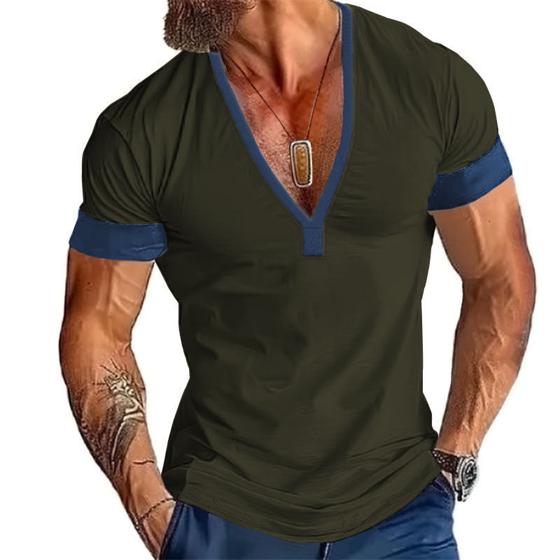 Short Sleeve Casual Men's V-Neck Large Size Striped T-Shirt Top