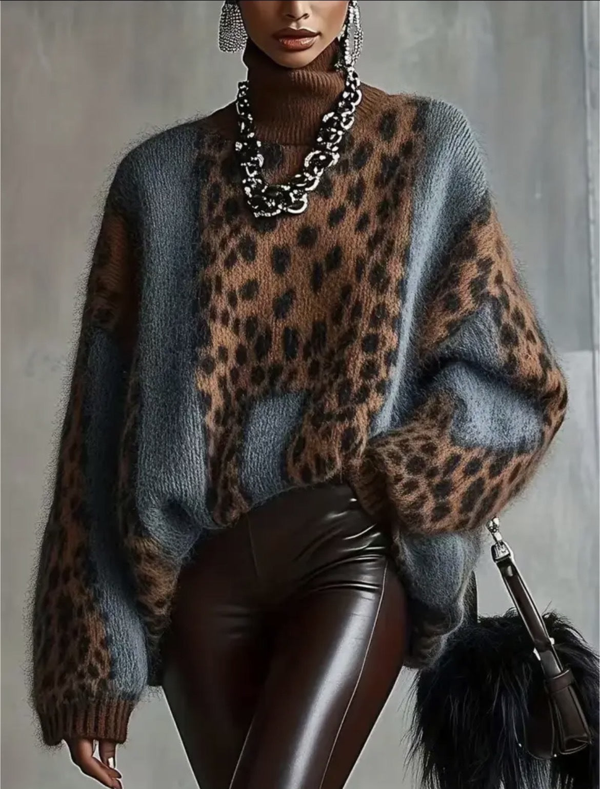 Leopard Print Loose Fit Vintage Patchwork Knit Sweater