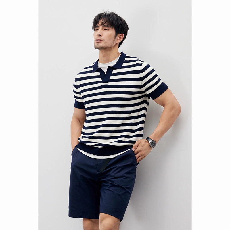 Summer New Ice Silk Short Sleeve Knitted Men's V-neck Lapel Slim