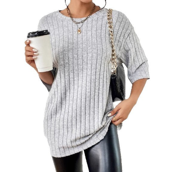 Women's Solid-Color Ribbed Brushed Knit Loose Short-Sleeve Top