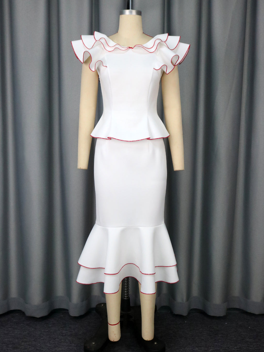 Women's Ruffled Contrast Color Top Temperament Slim Fishtail Skirt Suit