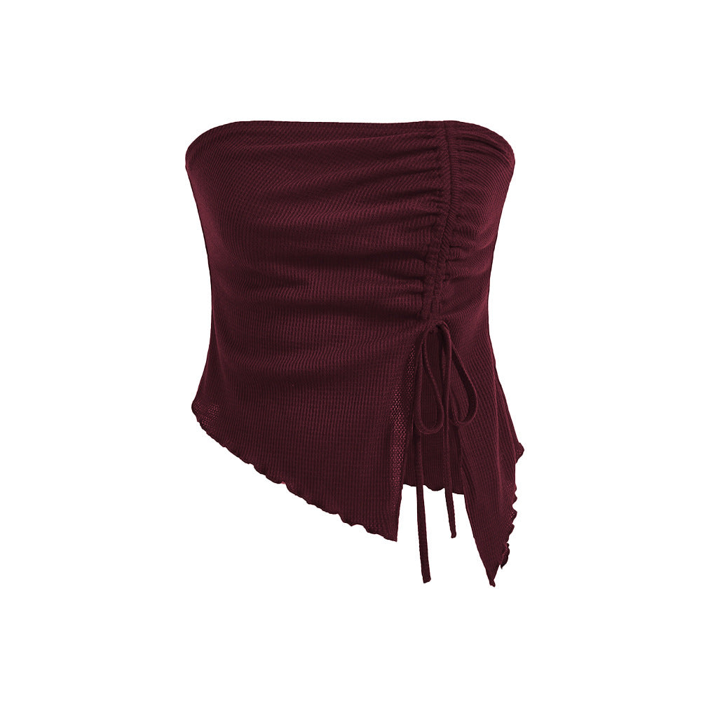 Women's Summer New Arrival Drawstring Slit Asymmetrical Waffle-Texture Slim-fit Tube Top Bustier