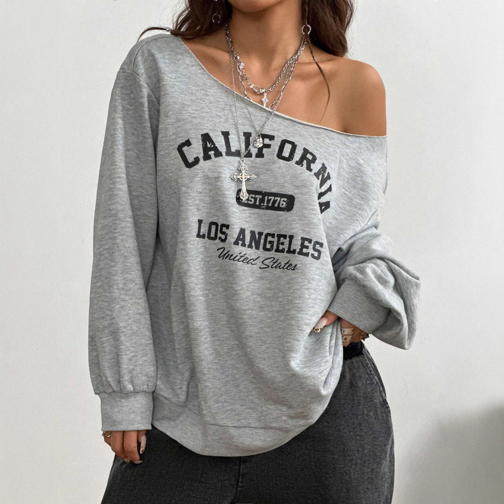 Women's Asymmetrical T-shirt With Slanted Shoulder Printed Letters And Pattern