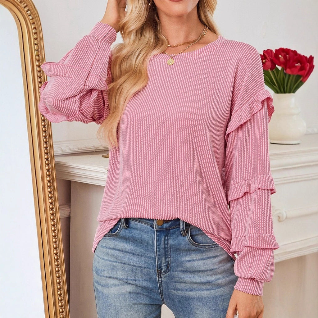 Casual Loose-fit Crew Neck T-shirt With Lantern Sleeves And Ruffled Hem