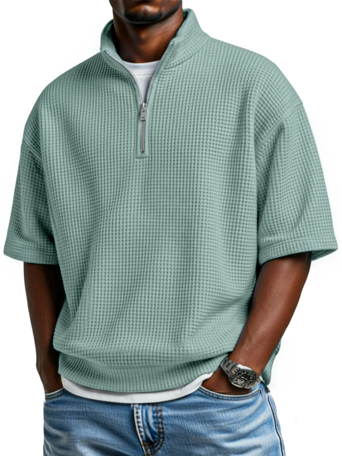 Waffle-knit Short-sleeve Polo Shirt For Men Loose-fitting Half-zip T-shirt