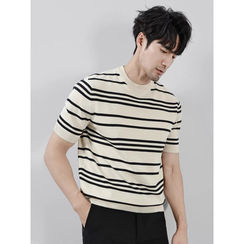 Knitted Ice Silk T-shirt Men's Short Sleeve Black And White Stripes