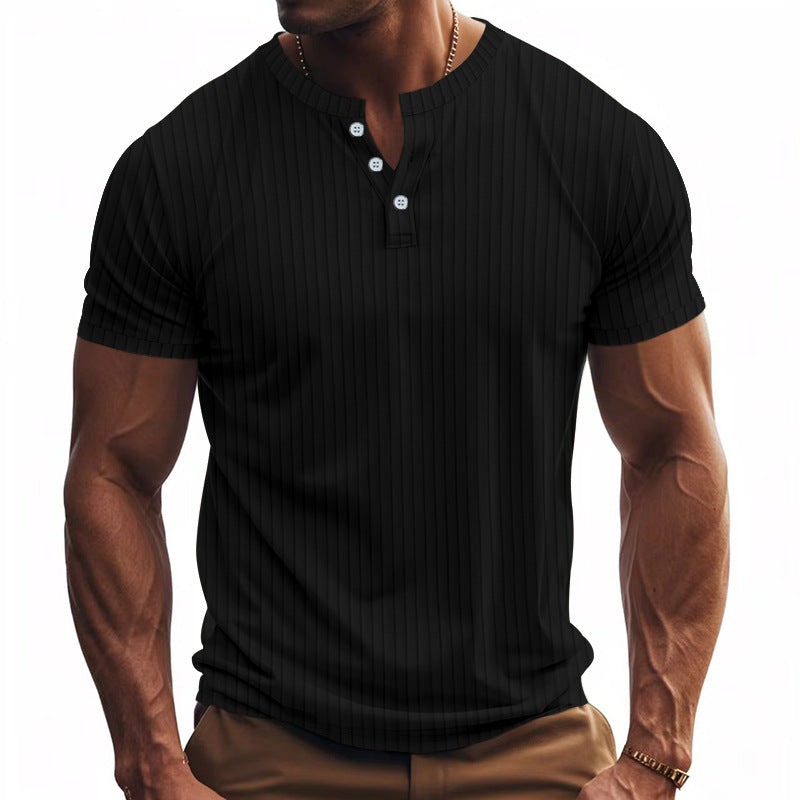 Men's Casual Sports Jacquard Ribbed Quick-dry Breathable Henley Short Sleeve