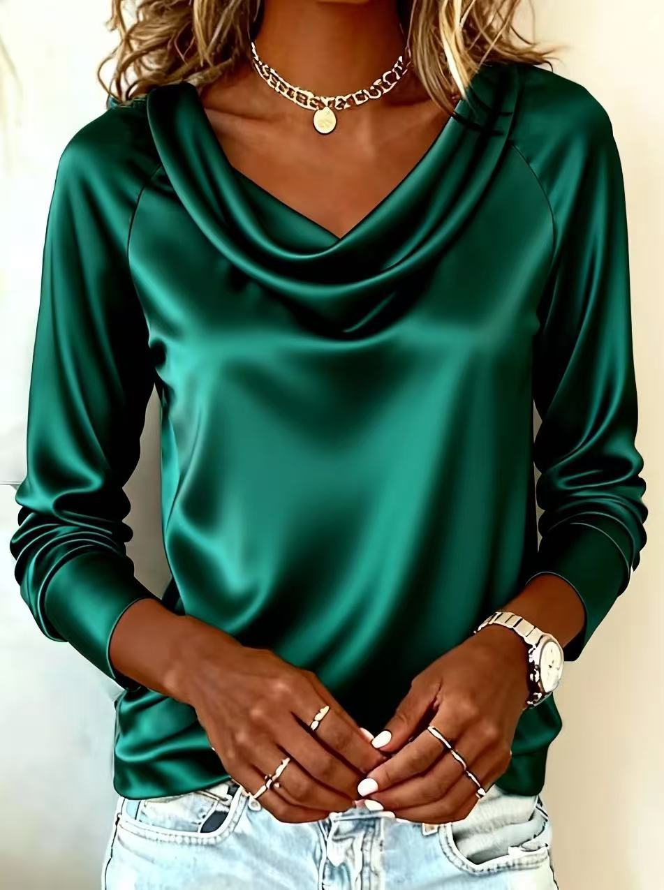 Women's Solid-Color Loose-fit Boat-Neck Draping Long-Sleeve Base Shirt