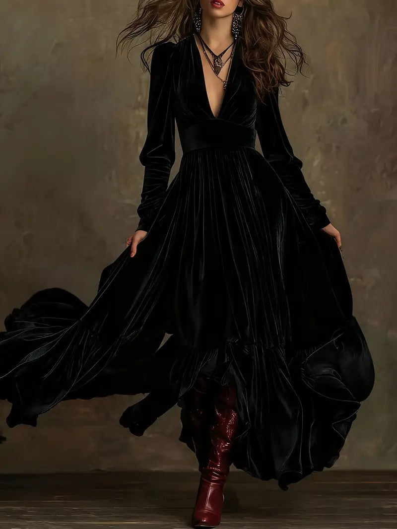 Retro Floor-length A-line Dress With Deep V-neck And Long Sleeves