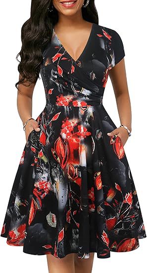 Women's Retro Floral Print Polka-Dot V-Neck Full-Sleeve Casual Dress With Pockets